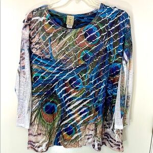 Jess & Jane Peacock Feather Print Women's Top, Size L